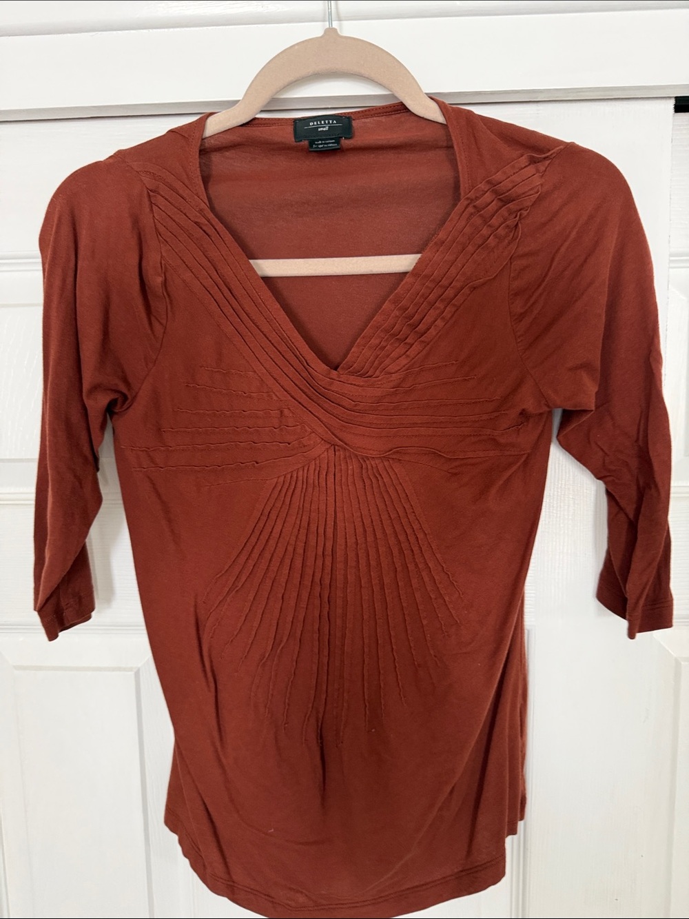 Deletta  Rust V-Neck Pintuck Long Sleeve Top